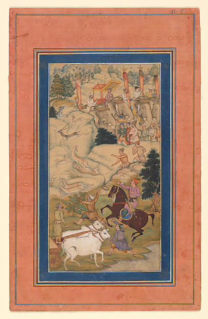 Painted folio from the Akbarnama: Akbar hunting with cheetahs, riders, elephants and a blue-and-gold frame